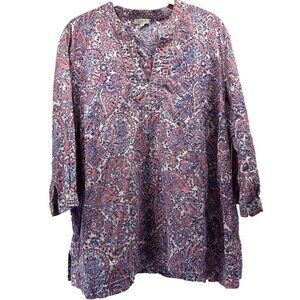 Talbots‎ Women's Top Plus 1X Paisley Pink Blue Popover 3/4 Sleeves Cotton Light
